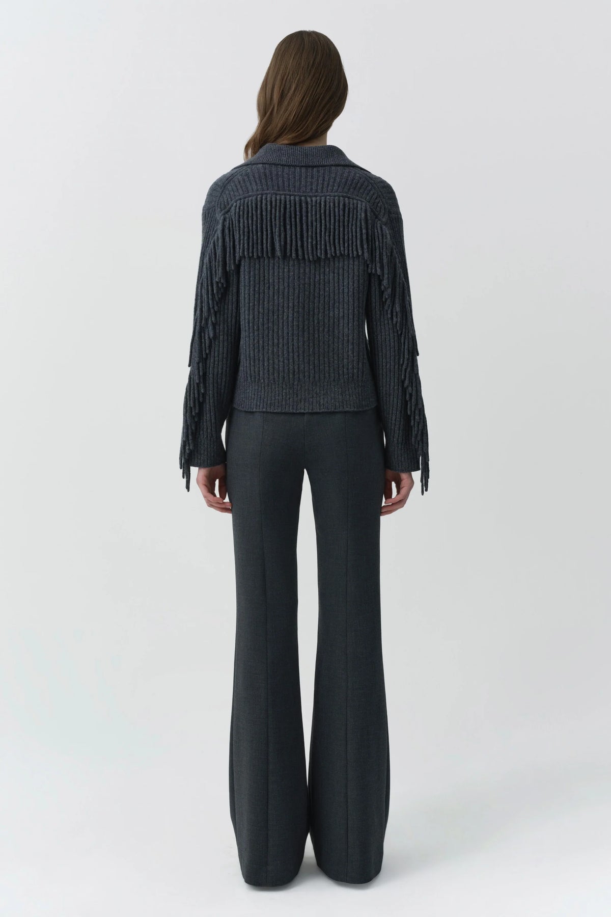 SIMKHAI Natalia Collared Fringe Sweater, Dark Charcoal