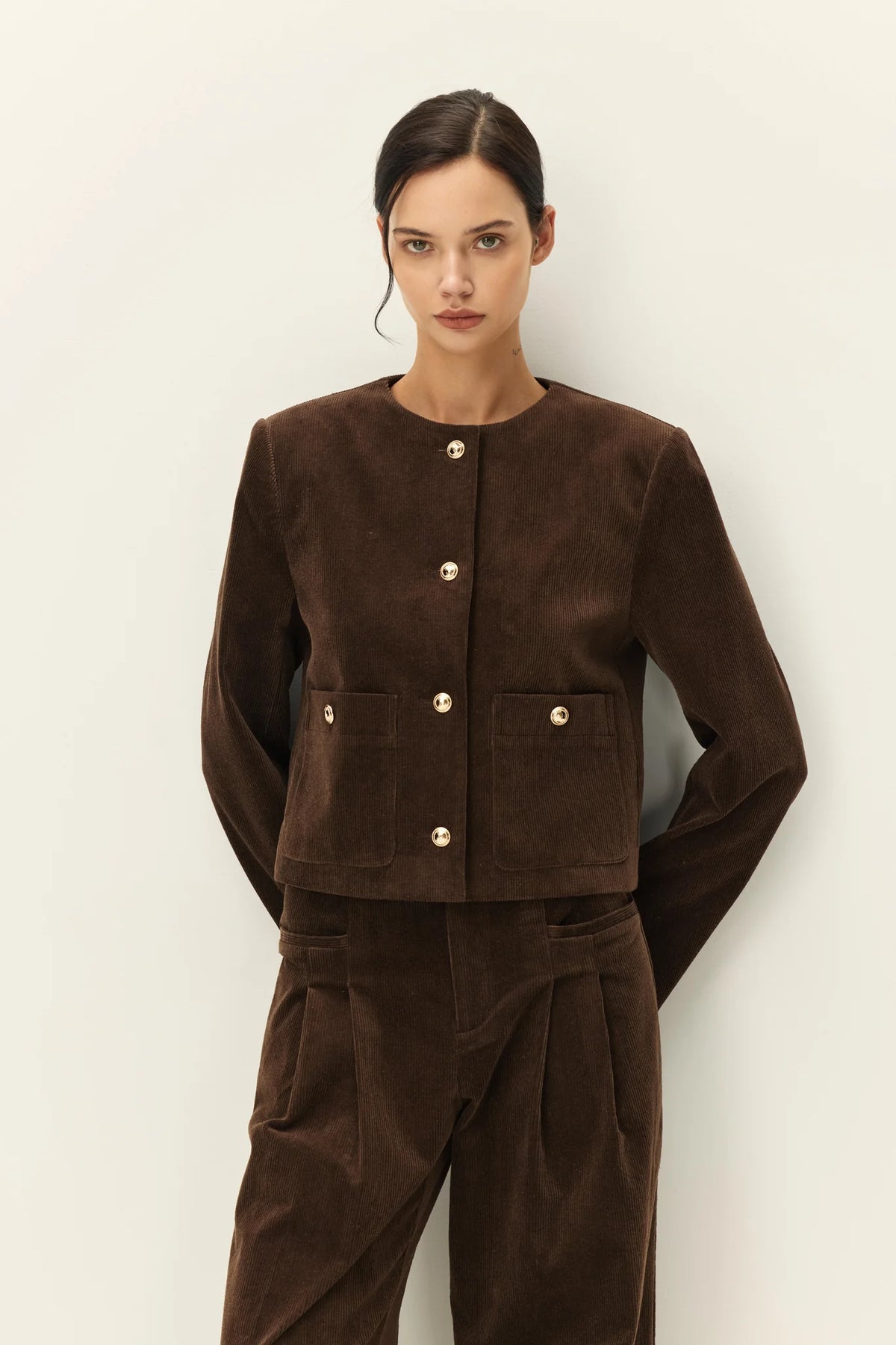 Elodie the Label Juliette Cropped Corduroy Jacket, Chocolate