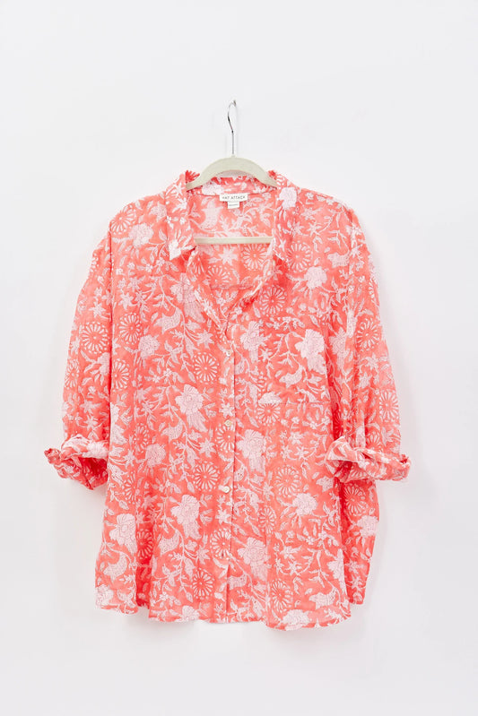 Hat Attack Printed Beach Shirt, Floral Coral