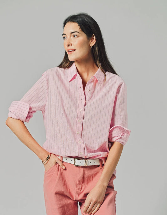 The Shirt by Rochelle Behrens, The Washed Linen Shirt, Pink/Tan Stripe