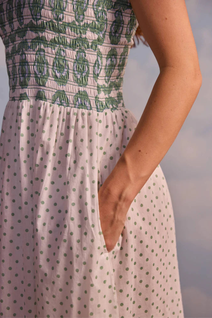 SZ Blockprint Victoria Dress in Pansy Border Stripe and Polka Dot