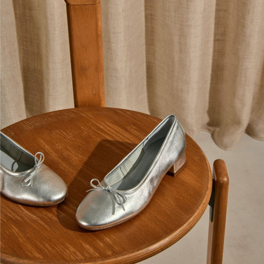 Reqins Metallic Leather Heeled Ballerinas- Silver