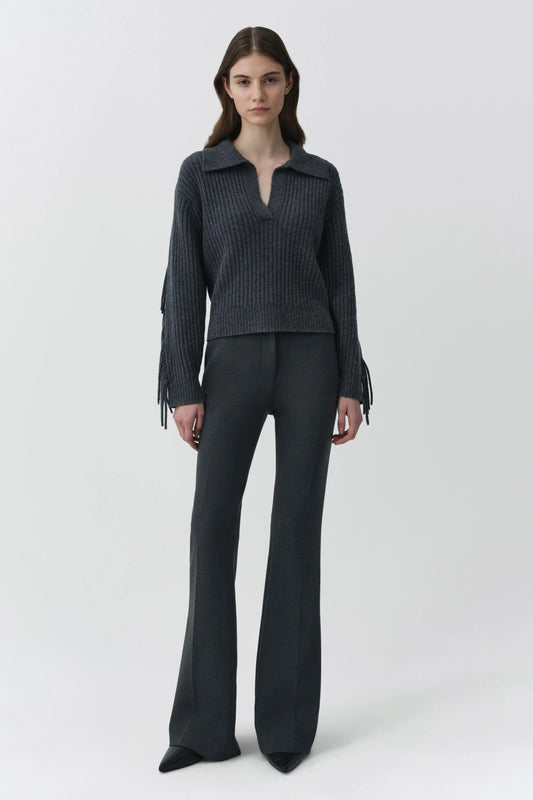 SIMKHAI Natalia Collared Fringe Sweater, Dark Charcoal
