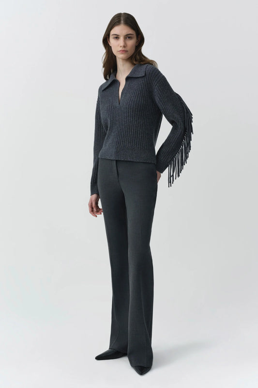 SIMKHAI Natalia Collared Fringe Sweater, Dark Charcoal