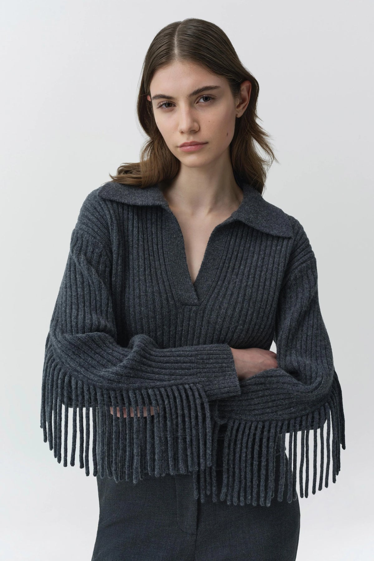 SIMKHAI Natalia Collared Fringe Sweater, Dark Charcoal