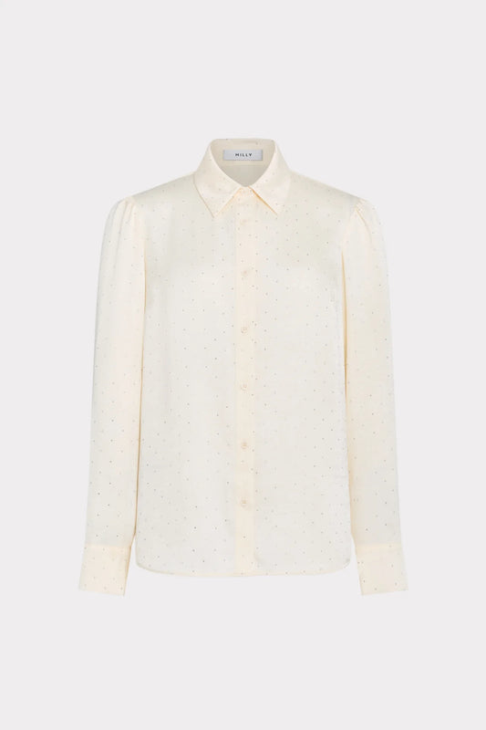 Milly Ashton Satin Embellished Ivory Blouse in Ivory