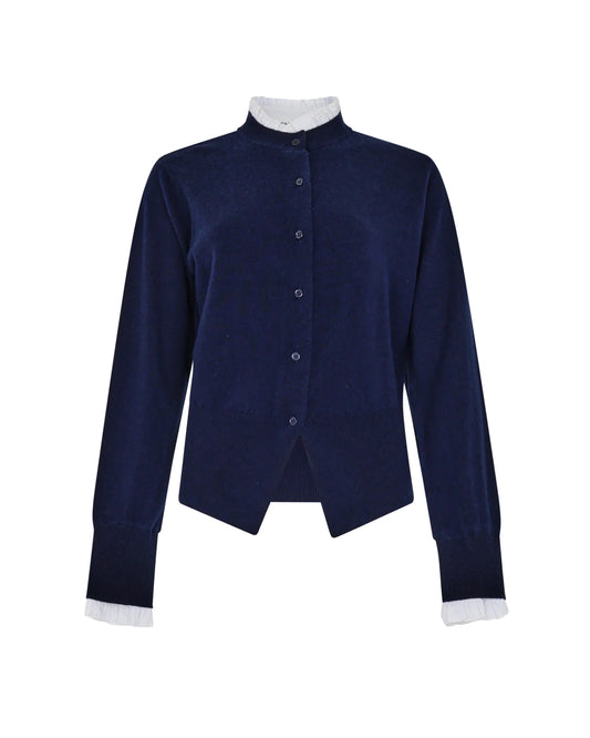 Silvian Beach Bon Ton Cardigan Navy Blue with White Contrasting Ruffle
