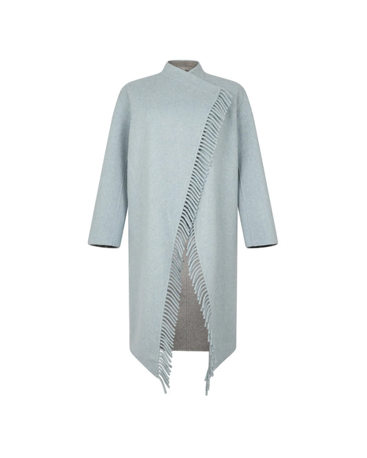 Silvian Heach Asymmetric Coat with Cascading Fringes