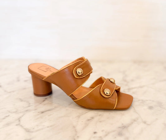 Bruno Menegatti Willow Tan Slide Sandal with Block Heel and Gold Hardware