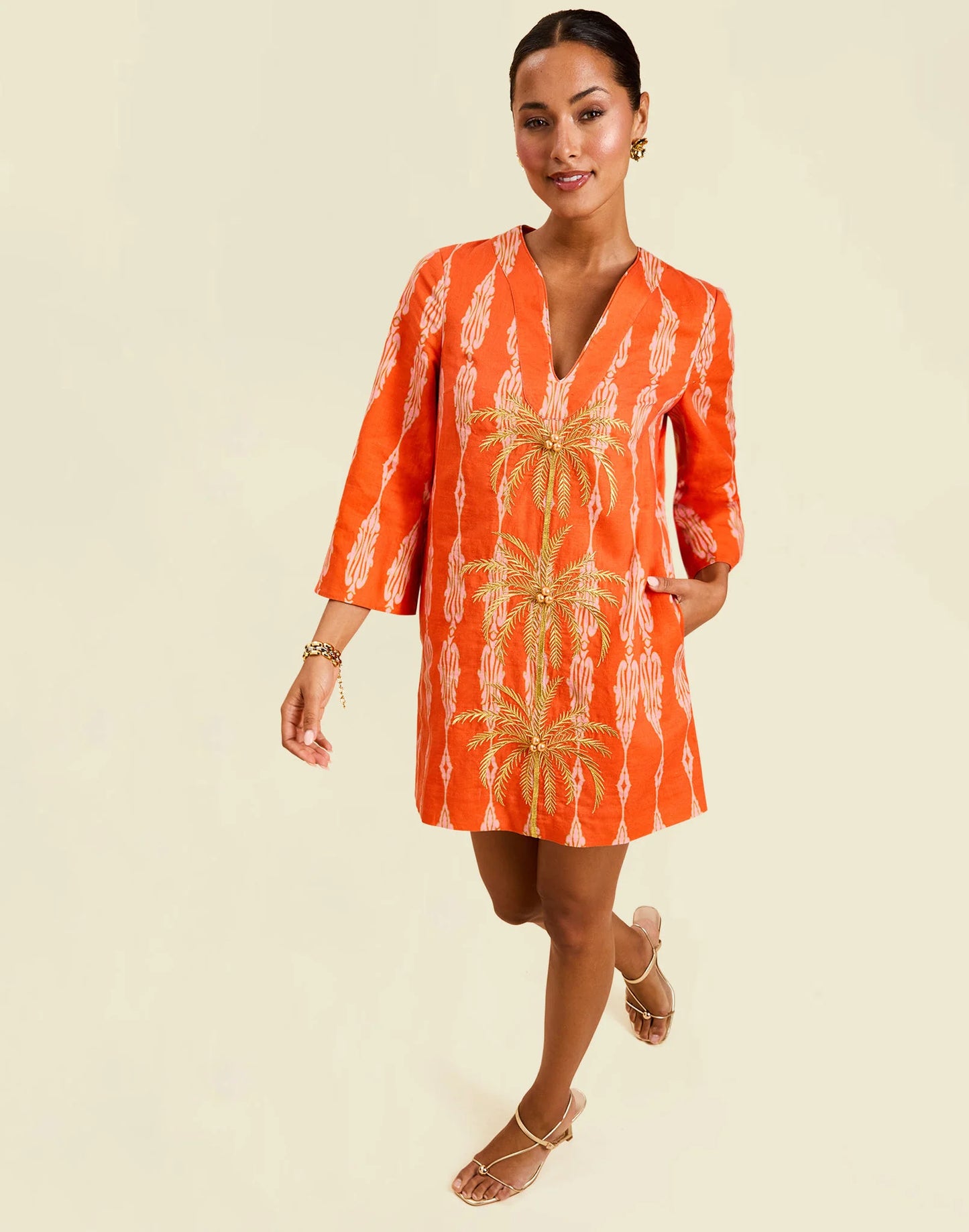 Mestiza Caftan Mini Dress Hibiscus Mosaic