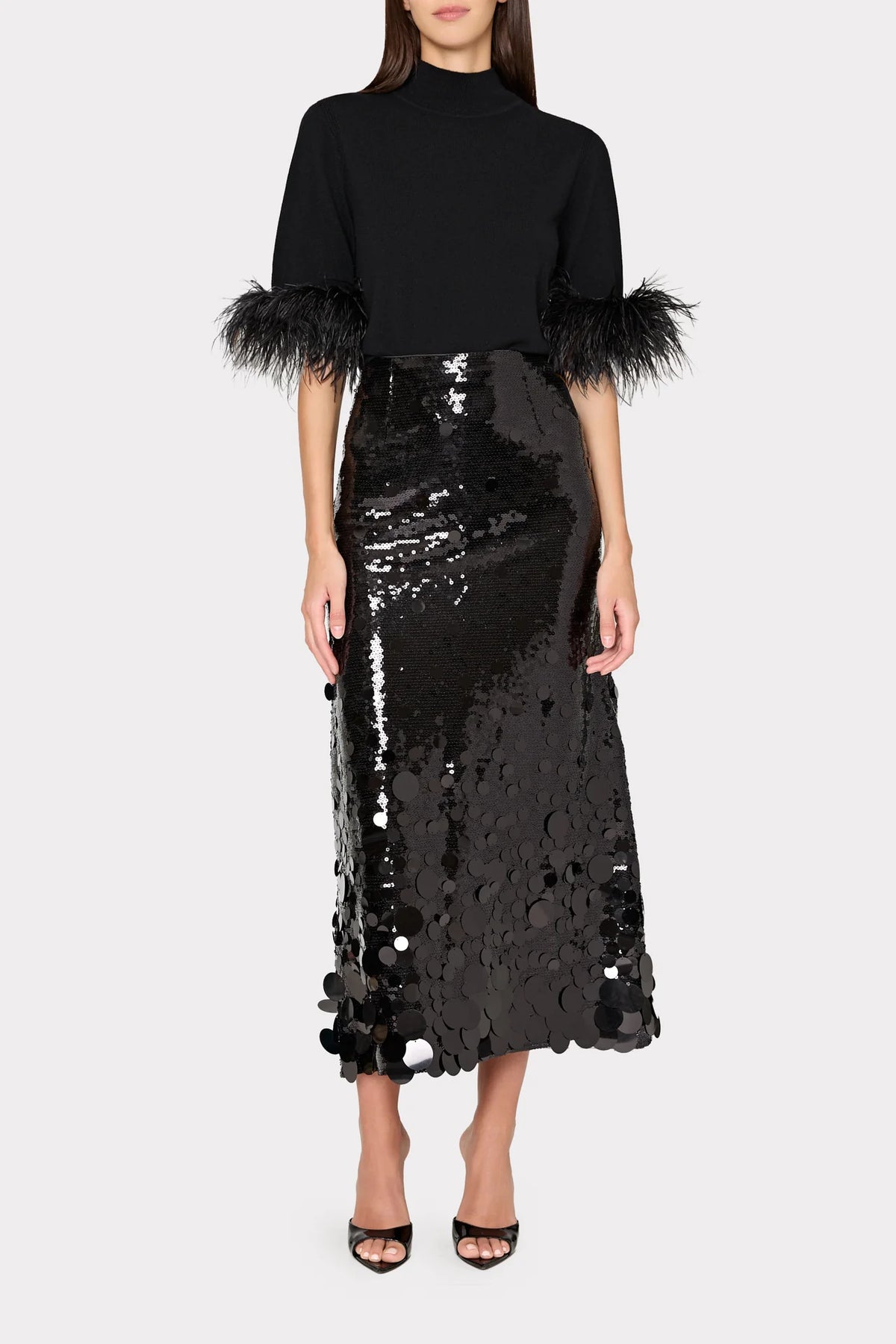Short sleeve mock neck feather sweater-Black-Milly