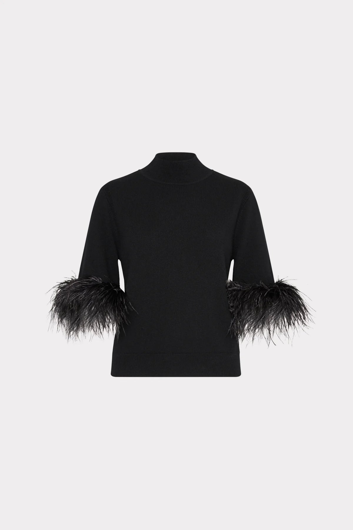 Short sleeve mock neck feather sweater-Black-Milly