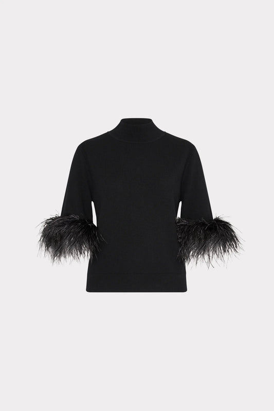 Short sleeve mock neck feather sweater-Black-Milly