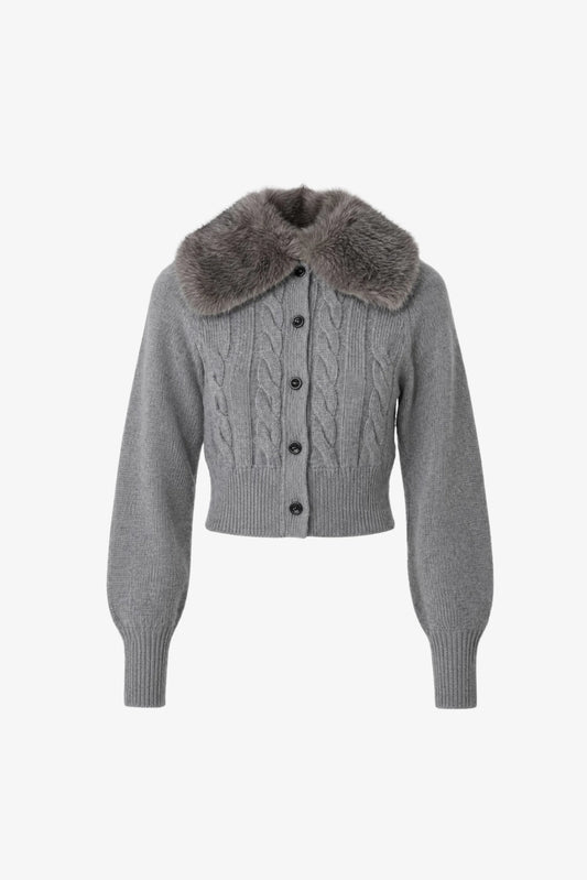 Rita Cable Knit Cardigan with Fur Collar - Storm