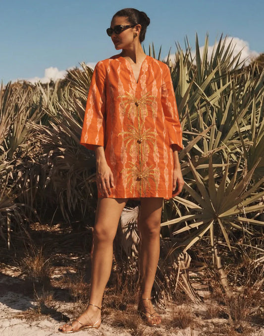 Mestiza Caftan Mini Dress Hibiscus Mosaic