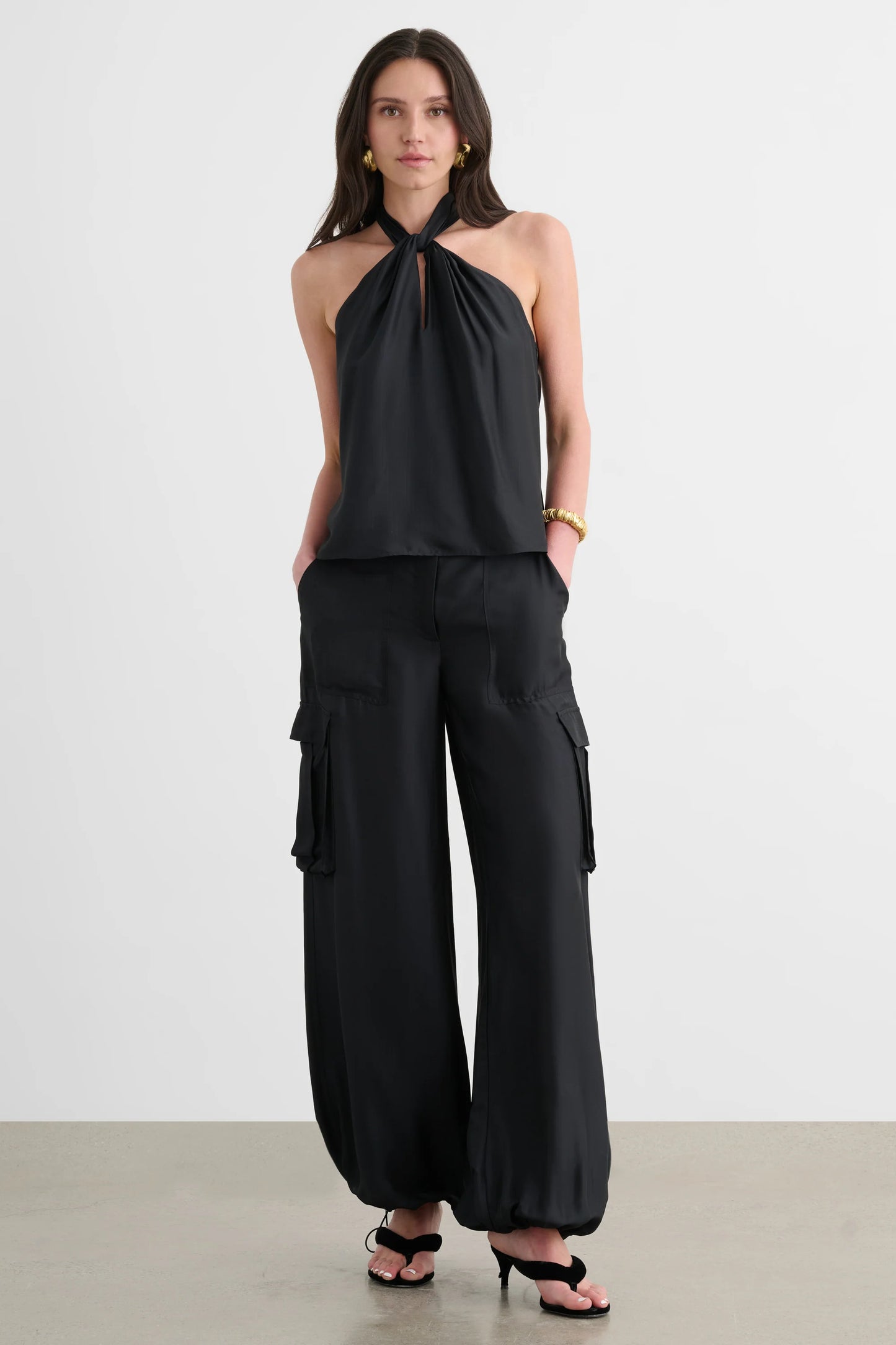 Toccin James Mid Rise Wide Leg Cargo Pant, Black