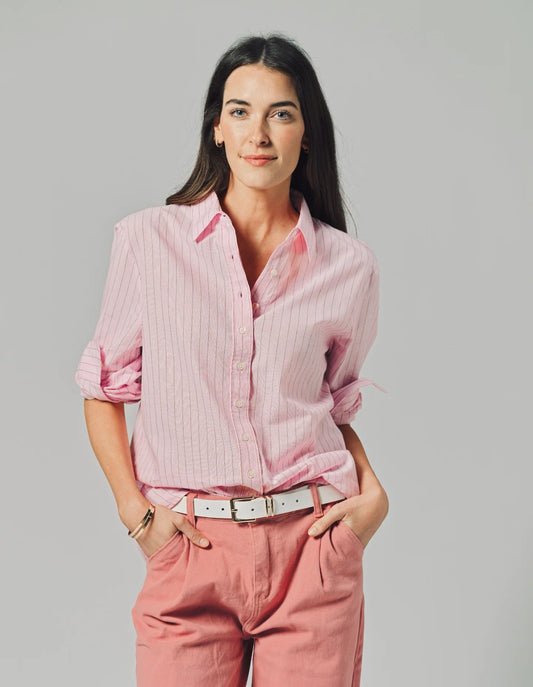 The Shirt by Rochelle Behrens, The Washed Linen Shirt, Pink/Tan Stripe