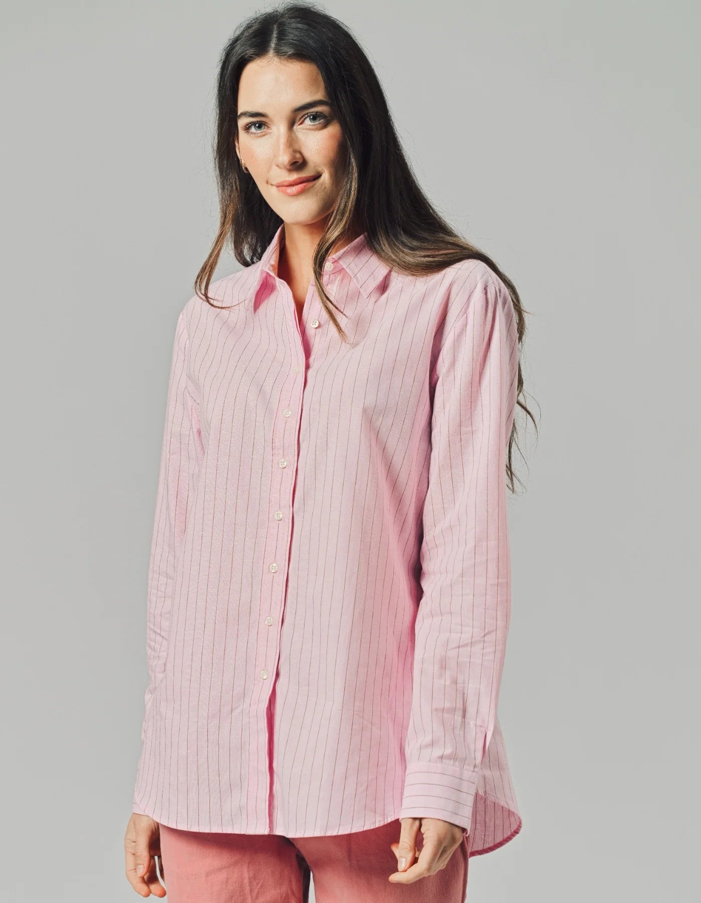 The Shirt by Rochelle Behrens, The Washed Linen Shirt, Pink/Tan Stripe