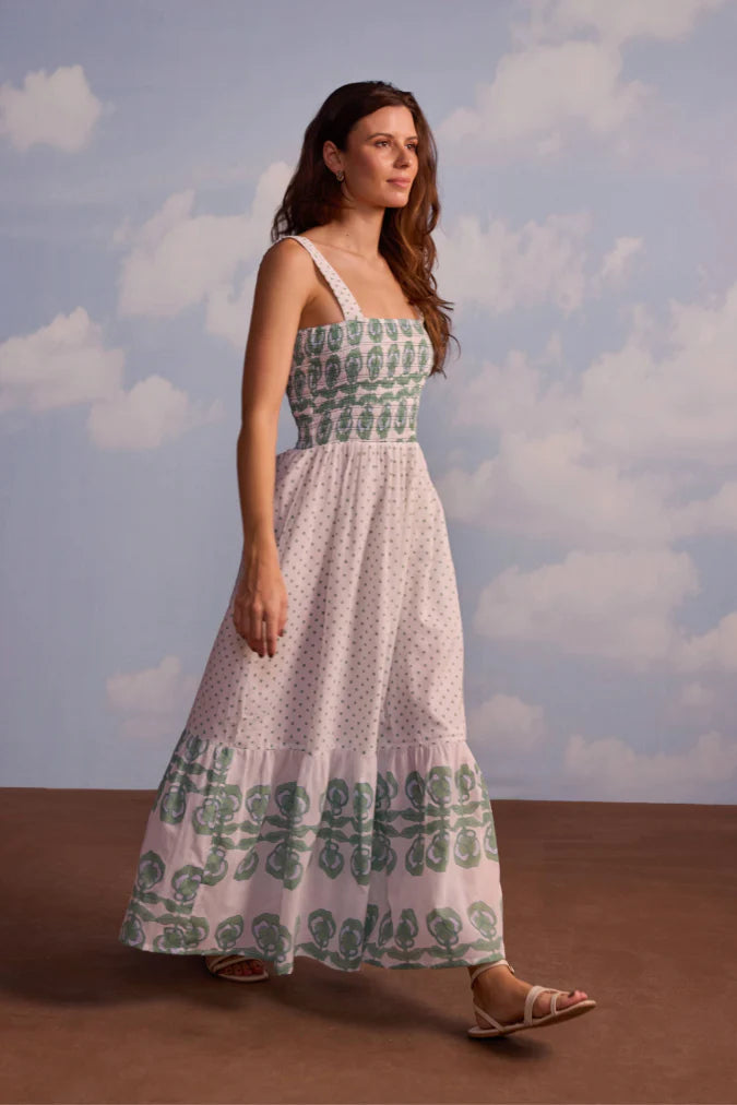 SZ Blockprint Victoria Dress in Pansy Border Stripe and Polka Dot