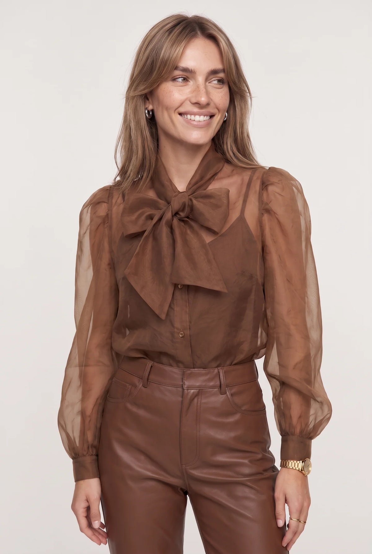 The Shirt by Rochelle Behrens L/S French Bow Shirt, Caramel