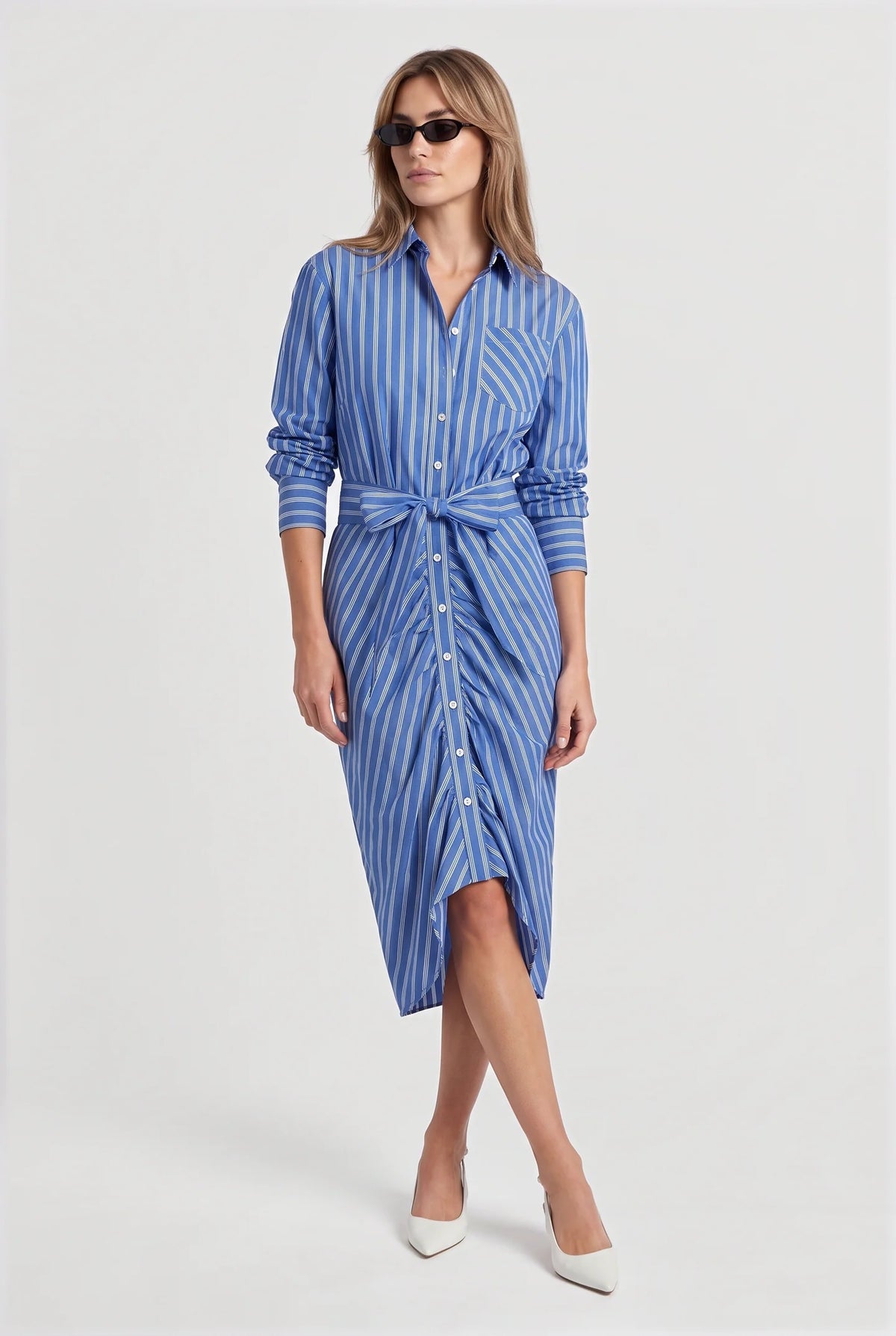 The Shirt by Rochelle Behrens Wrap front dress Royal blue stripe