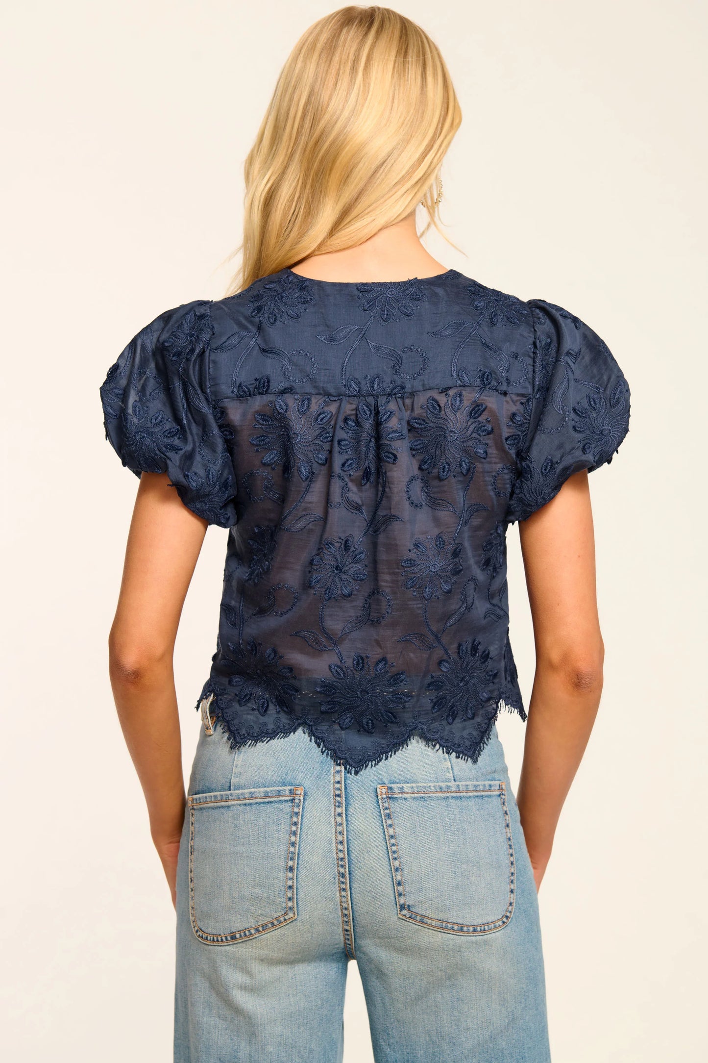 Ramy Brook Chrissie Embroidered Floral Organza Navy Blouse