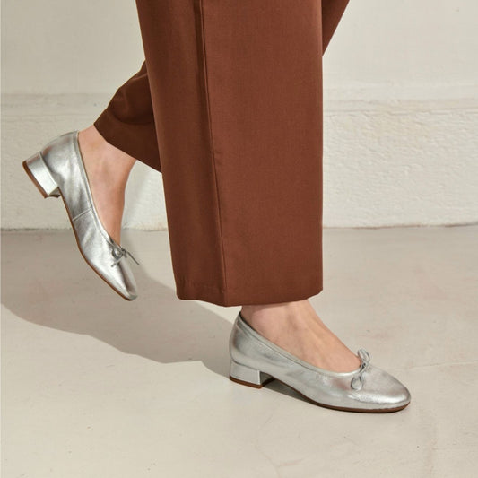 Reqins Metallic Leather Heeled Ballerinas- Silver